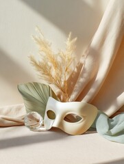 Premium Telephone Tuesday Carnival Mask with Neutral Tones and Pampas Grass for Sophisticated Spring Festival Promotion and Social Media Marketing