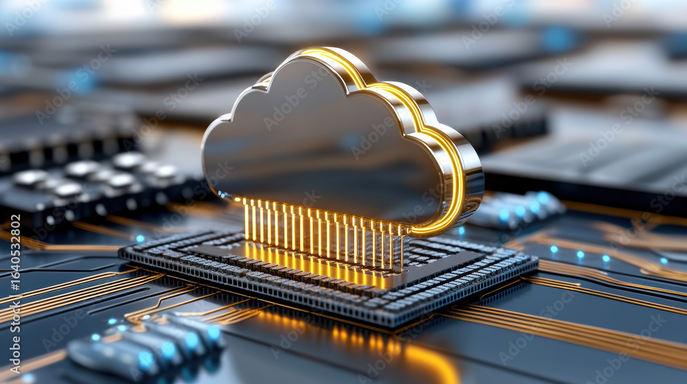 Poster cloud computing icon glowing on circuit board, symbolizing technology and innovation
