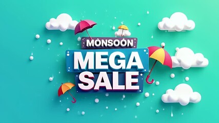 Low-poly blue and grey banner with raindrops, umbrellas, and clouds, “MONSOON MEGA SALE” in clean bold font, placed on chroma key green screen for seasonal promotions

 - Powered by Adobe