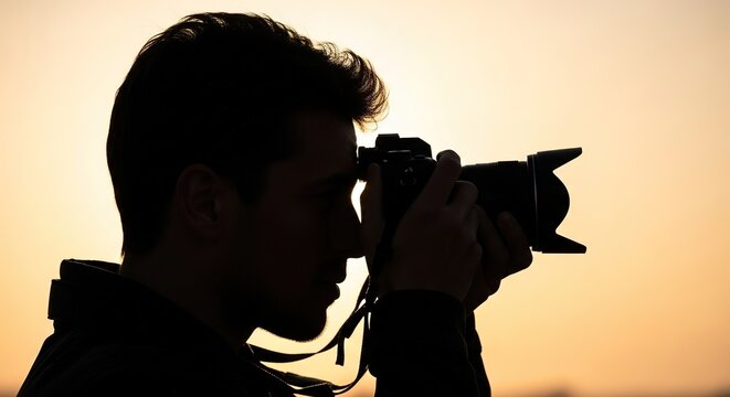Silhouette of a person holding a camera against a warm, golden sunset background creating contrast - Powered by Adobe