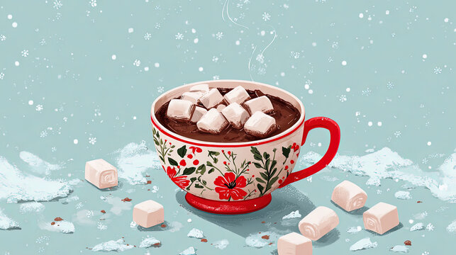 illustrated hot chocolate cup with marshmallows - Powered by Adobe