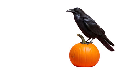 Fototapeta premium Mysterious black raven perched atop a vibrant orange pumpkin, embodying autumn's enigmatic charm and Halloween spirit.