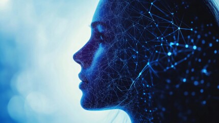 Woman's silhouette with digital network, representing technology, AI, and future thinking
