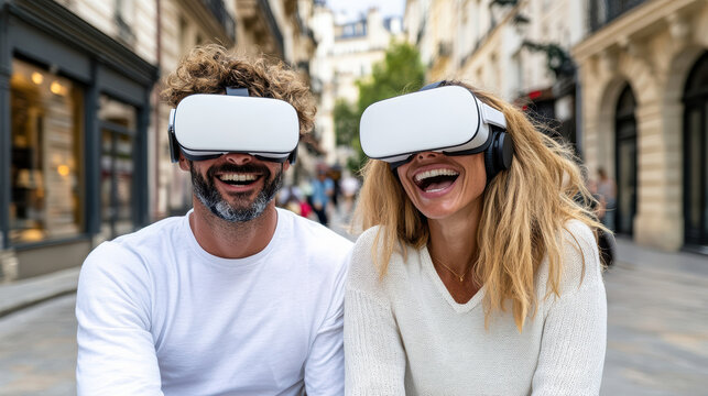 Couple enjoying virtual reality experience in Parisian street, sharing laughter and joy