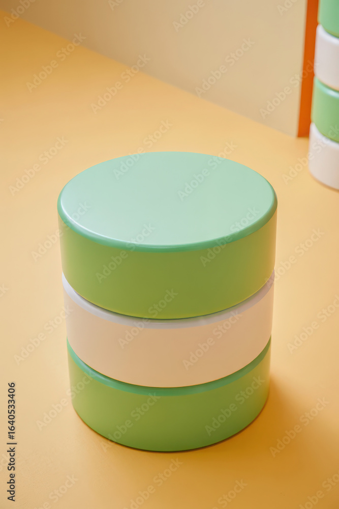 Poster a stack of three round containers, two green and one white, are placed on a light orange surface in 