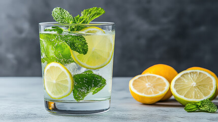 Fototapeta premium Refreshing citrus drink with mint and lemon slices, perfect for hydration and enjoyment