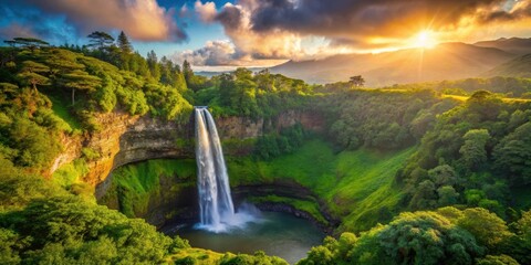 Fototapeta premium A Majestic Waterfall Cascades into a Lush Green Valley at Sunrise, Bathed in Golden Sunlight, Surrounded by Vibrant Foliage and Towering Cliffs