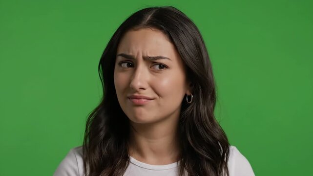 Skeptical Young Woman on Green Screen - A young woman with long brown hair expresses doubt and skepticism with a subtle frown and raised eyebrows.