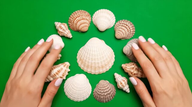 Hands Arranging Seashells on Green Background - A pair of hands delicately arranges a collection of various seashells in a circular pattern on a vibrant green surface.