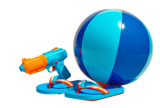 Beach toys including a water gun, flipflops, and a striped beach ball, isolated on transparent background