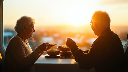 Senior couple shares romantic dining experience together during beautiful sunset, embracing cherished companionship and peaceful retirement lifestyle