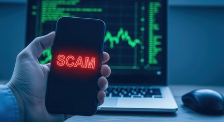 Financial Scam Concept: Smartphone Displaying Warning Message Against a Stock Market Background on Laptop