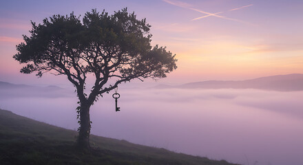 Fototapeta premium Serene misty landscape with lone tree and vintage key