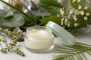 Natural beauty cream in glass jar surrounded by fresh greenery and flowers