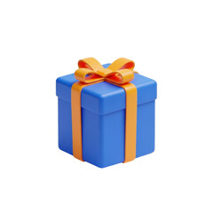 3d blue gift box with orange ribbon isolated on transparent background