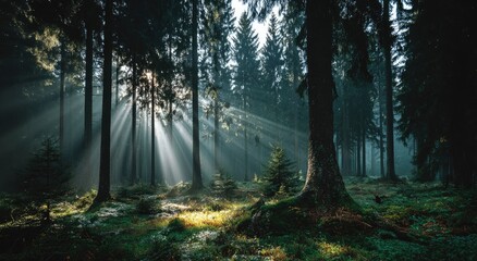 Obraz premium Sunlight beams through misty forest