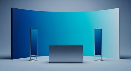 Modern trade show booth with backdrop, counter and digital displays in blue hues
