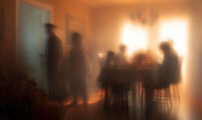 Fototapeta premium Authentic Thanksgiving Family Gathering Blur Silhouettes with Cozy Fall Atmosphere for Premium Holiday Marketing and Social Media Campaigns