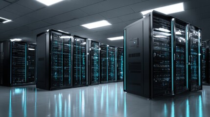 Data Center with Rows of Server Racks and Blue Lights Illustrating Global Network Technology