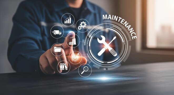 Digital Maintenance Concept: Man Interacting with Virtual Interface for Facility Management and Optimization