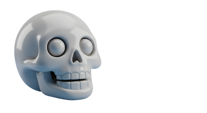 Whimsical white skull with wide eyes and open grin offers a playful yet hauntingly modern aesthetic for creative projects