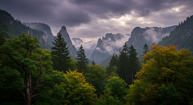 Majestic mountain range shrouded in mist with lush forest