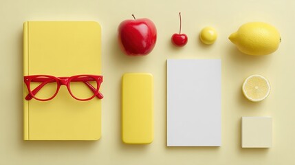 Modern Minimalist Flat Lay with Yellow Notebook, Red Glasses, Fresh Fruit Premium Creative Content for Social Media and Digital Marketing Campaigns