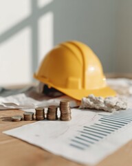Professional Real Estate Investment Concept with Yellow Hardhat, Stacked Coins, and Market Growth Chart for Modern Business Marketing