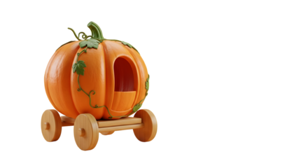 Whimsical pumpkin carriage with wooden wheels and vine details, perfect for fantasy or fairytale themes