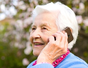 Elderly woman smiling while using a cell phone outdoors (1)