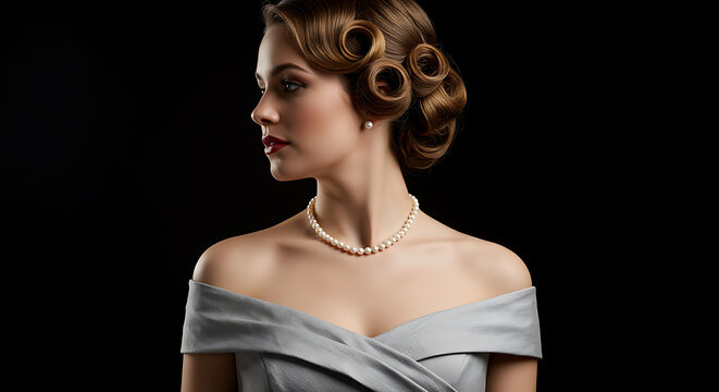 Elegant woman with vintage hairstyle and pearls against black background