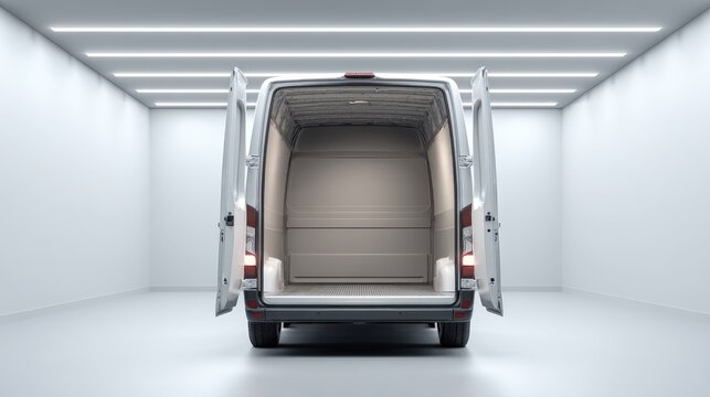 Delivery Van with Open Doors in Empty White Room Ready for Loading Cargo