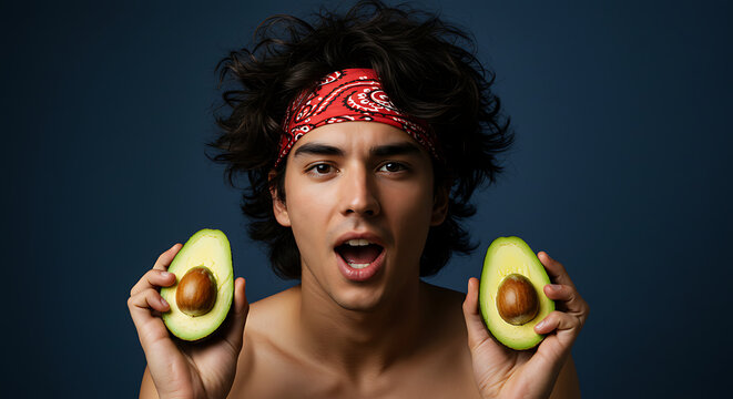 Person with curly hair holds fresh avocado halves over shoulders