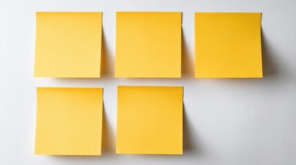 Five Yellow Sticky Notes Arranged on a White Wall for Business Planning or Reminders