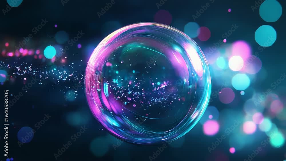 Poster Soap bubble floating with particles and bokeh lights creating colorful scene