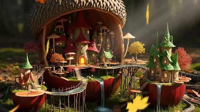 Whimsical fairy village built inside giant acorns and apples with mushroom accents