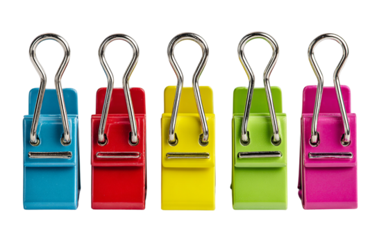 Set of colorful binder clips for organizing paper documents and files isolated on transparent background