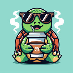 cool cartoon vector illustration of a turtle drinking coffee