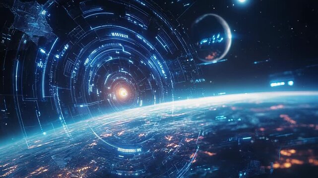 Futuristic spaceship entering planet atmosphere with holographic interface