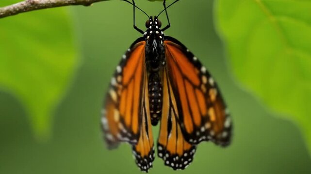 A miraculous time-lapse of a monarch butterfly emerging from its chrysalis and unfurling its wings, symbolizing transformation and rebirth.