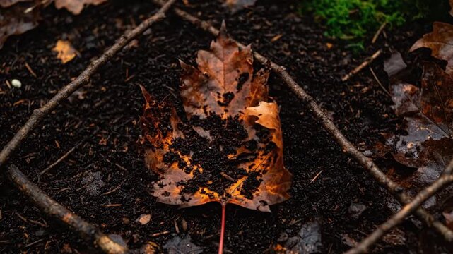 A beautiful time-lapse of an autumn leaf decaying and decomposing back into the earth, a concept of the natural cycle and returning to nature.