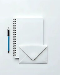 Flat Lay of Spiral Notebook, Pen, and Envelope on White Background