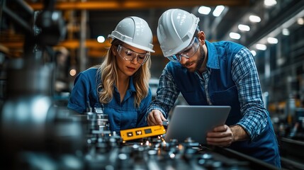 Modern industrial engineers operating welding machine with robotic laser metal cutting, blue uniforms and white hard hats in digital monitoring scene