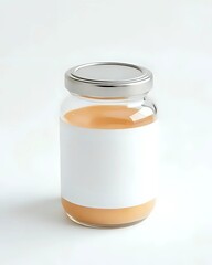 Clear Glass Jar with Beige Liquid and Blank White Label on White Background