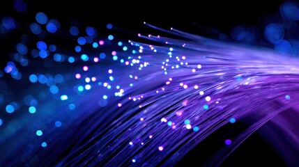 Fiber Optic Cables Glowing with Blue and Purple Light, Futuristic Data Transmission Technology Concept