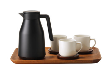 Modern black thermos carafe with three white ceramic cups on a wooden tray, isolated on transparent background