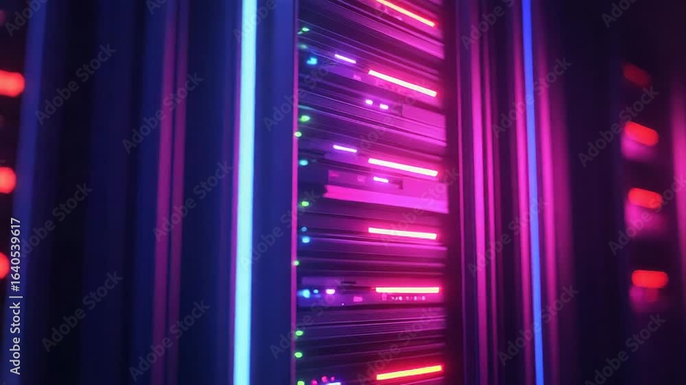 Aufkleber server racks flashing with neon lights in data center