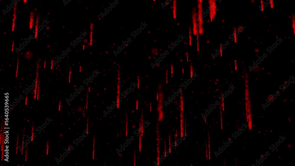 Poster abstract red particle rain on black background. glowing digital particles fall vertically, ideal for