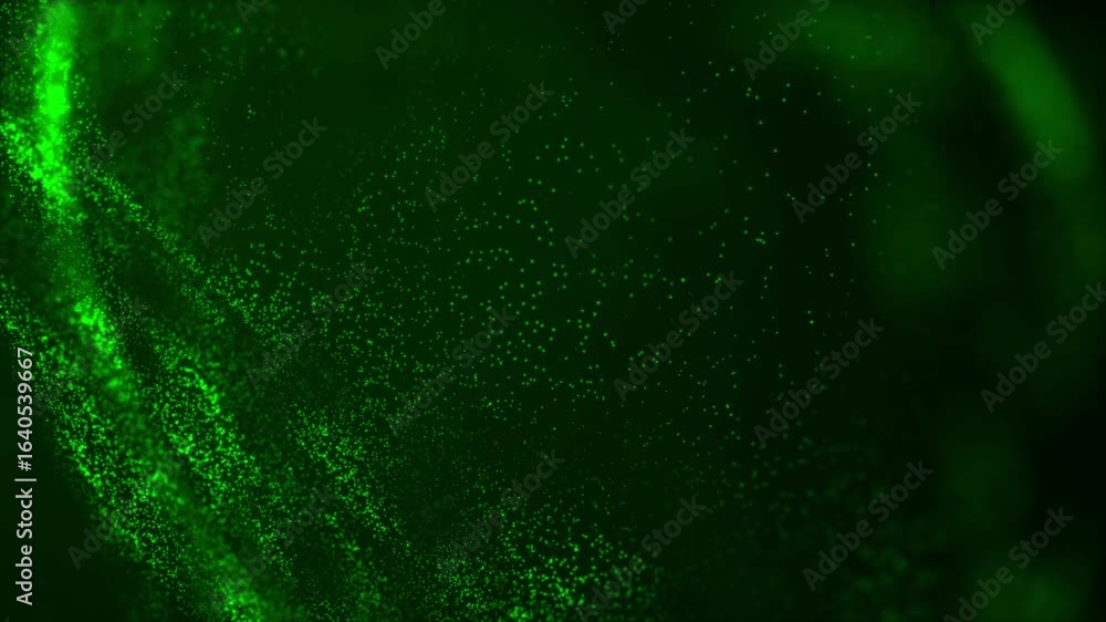 Poster abstract green particle lines flowing on black background. glowing digital particles form dynamic, w
