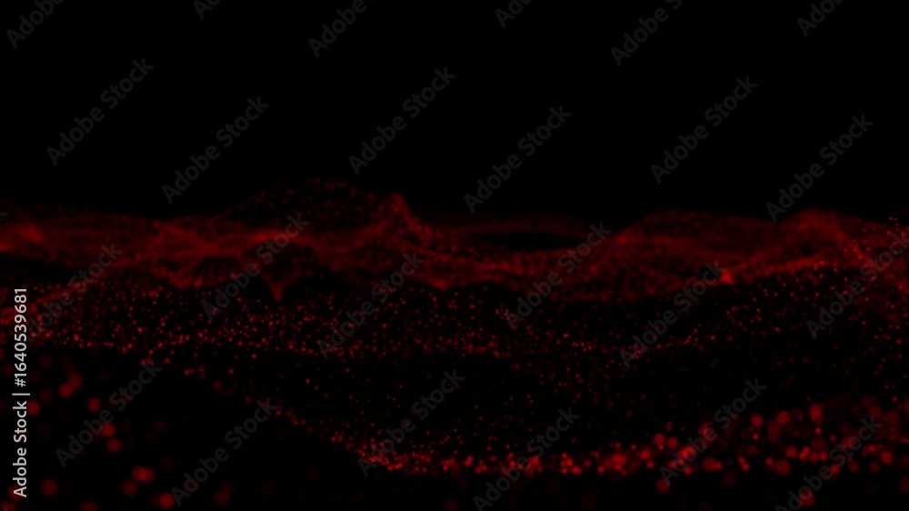 Poster abstract red particle waves on black background. glowing digital particles form an undulating surfac